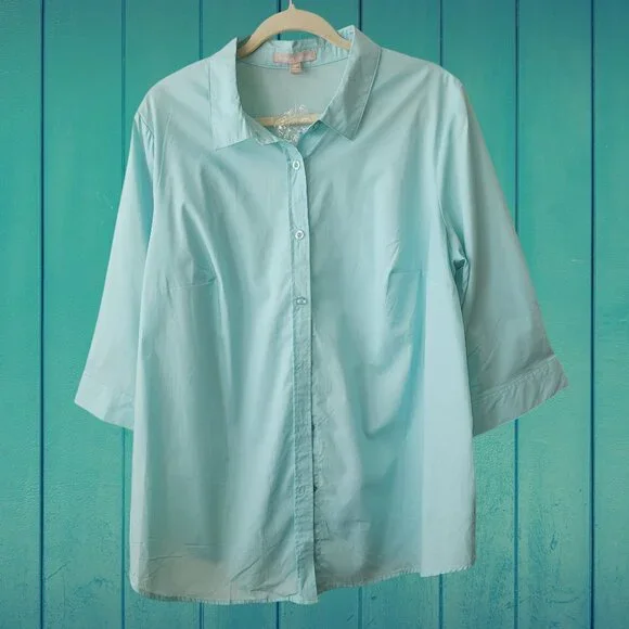 Woman Within Mint Green 3/4 Sleeve Button Down Shirt Size L (18W/20W) - Picture 1 of 10